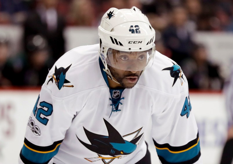 San Jose Sharks right wing Joel Ward lines up against the Arizona Coyotes during the third period of an NHL hockey game in Glendale, Ariz., Saturday, Feb. 18, 2017. (AP Photo/Chris Carlson)