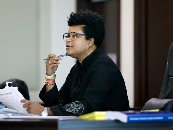 Judge Rachel Bell presides over general sessions court Wednesday, Sept. 27, 2017, in Nashville, Tenn., where the court appearance for 25-year-old Emanuel Kidega Samson was rescheduled for Oct. 6, 2017. Samson is charged with the fatal shooting of one woman and is expected to face several more charges after a church shooting at Burnette Chapel Church of Christ in Nashville on Sept. 14. (AP Photo/Mark Humphrey)
