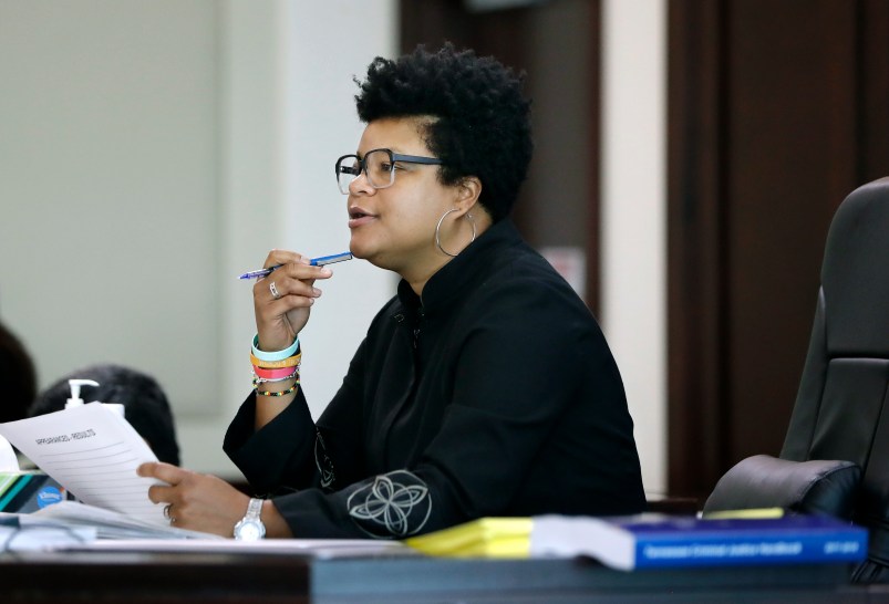 Judge Rachel Bell presides over general sessions court Wednesday, Sept. 27, 2017, in Nashville, Tenn., where the court appearance for 25-year-old Emanuel Kidega Samson was rescheduled for Oct. 6, 2017. Samson is charged with the fatal shooting of one woman and is expected to face several more charges after a church shooting at Burnette Chapel Church of Christ in Nashville on Sept. 14. (AP Photo/Mark Humphrey)