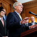 Senate Majority Leader Mitch McConnell, R-Ky., center, with Speaker of the House Paul Ryan, R-Wis., left, and other GOP members as they meet with reporters to announce the Republicans' proposed rewrite of the tax code for individuals and corporations, at the Capitol in Washington, Wednesday, Sept. 27, 2017. President Donald Trump and congressional Republicans are writing a far-reaching, $5-trillion plan they say would simplify the tax system and nearly double the standard deduction used by most Americans. (AP Photo/Pablo Martinez Monsivais)
