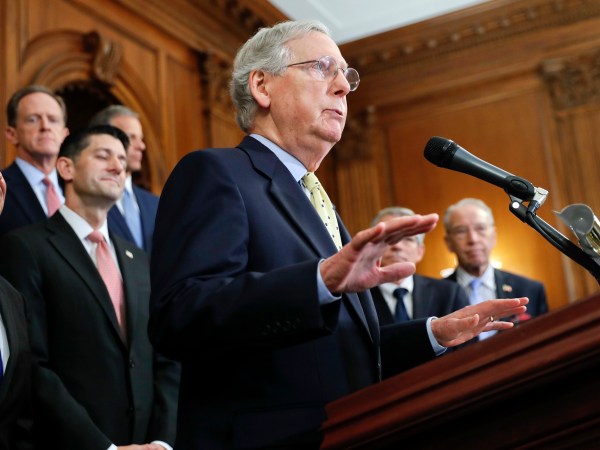 Senate Majority Leader Mitch McConnell, R-Ky., center, with Speaker of the House Paul Ryan, R-Wis., left, and other GOP members as they meet with reporters to announce the Republicans' proposed rewrite of the tax code for individuals and corporations, at the Capitol in Washington, Wednesday, Sept. 27, 2017. President Donald Trump and congressional Republicans are writing a far-reaching, $5-trillion plan they say would simplify the tax system and nearly double the standard deduction used by most Americans. (AP Photo/Pablo Martinez Monsivais)
