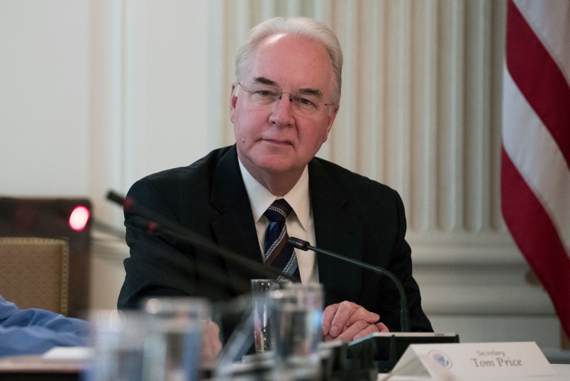 Secretary of Health and Human Services Tom Price attends an Opioid roundtable discussion in Washington, Thursday, Sept. 28, 2017. Melania Trump has invited experts and people affected by addiction to opioids to the White House for a listening session and discussion about the epidemic. (AP Photo/Carolyn Kaster)