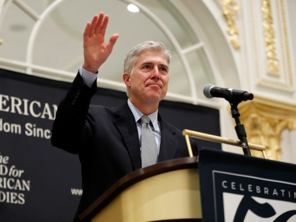 Supreme Court Justice Neil Gorsuch acknowledges the applauses as he beings to speak at the 50th anniversary of the Fund for America Studies luncheon at the Trump Hotel in Washington, Thursday, Sept. 28, 2017. (AP Photo/Pablo Martinez Monsivais)