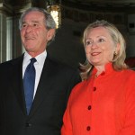 From left: Barbara Bush, former first lady Laura Bush, former President George W. Bush, Secretary of State  Hillary Rodham Clinton and U.N. Goodwill Ambassador Nancy G. Brinker attend a ceremony to announce the combating of cervical and breast cancer in developing nations , Tuesday, Sept. 13,  2011, in Washington.(AP Photo/Jose Luis Magana)