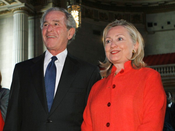From left: Barbara Bush, former first lady Laura Bush, former President George W. Bush, Secretary of State  Hillary Rodham Clinton and U.N. Goodwill Ambassador Nancy G. Brinker attend a ceremony to announce the combating of cervical and breast cancer in developing nations , Tuesday, Sept. 13,  2011, in Washington.(AP Photo/Jose Luis Magana)