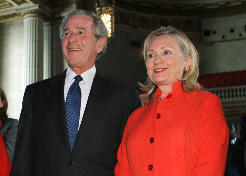From left: Barbara Bush, former first lady Laura Bush, former President George W. Bush, Secretary of State  Hillary Rodham Clinton and U.N. Goodwill Ambassador Nancy G. Brinker attend a ceremony to announce the combating of cervical and breast cancer in developing nations , Tuesday, Sept. 13,  2011, in Washington.(AP Photo/Jose Luis Magana)