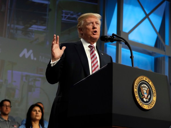 President Donald Trump speaks to the National Association of Manufactures at the Mandarin Oriental hotel, Friday, Sept. 29, 2017, in Washington. (AP Photo/Evan Vucci)