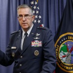 General John Hyten, the incoming commander of the United States Strategic Command, speaks to reporters following a change of command ceremony at Offutt Air Force Base in Bellevue, Neb., Thursday, Nov. 3, 2016. (AP Photo/Nati Harnik)