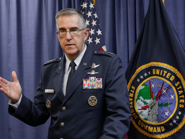 General John Hyten, the incoming commander of the United States Strategic Command, speaks to reporters following a change of command ceremony at Offutt Air Force Base in Bellevue, Neb., Thursday, Nov. 3, 2016. (AP Photo/Nati Harnik)