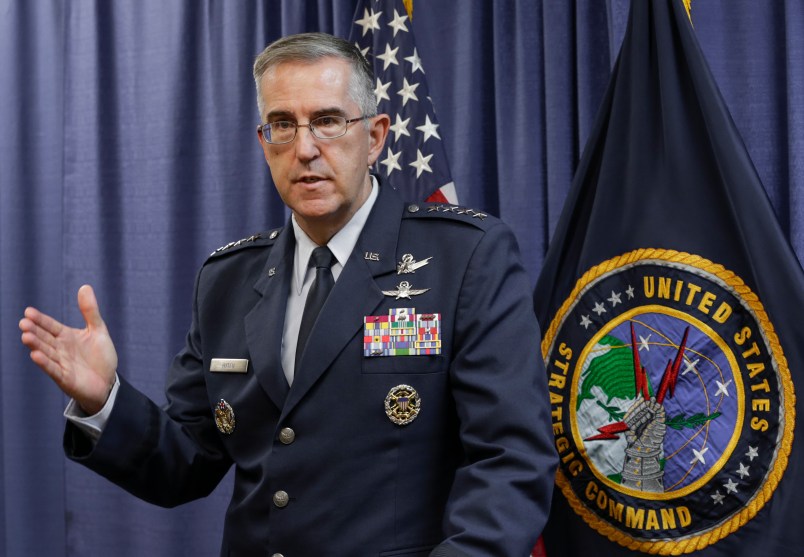 General John Hyten, the incoming commander of the United States Strategic Command, speaks to reporters following a change of command ceremony at Offutt Air Force Base in Bellevue, Neb., Thursday, Nov. 3, 2016. (AP Photo/Nati Harnik)