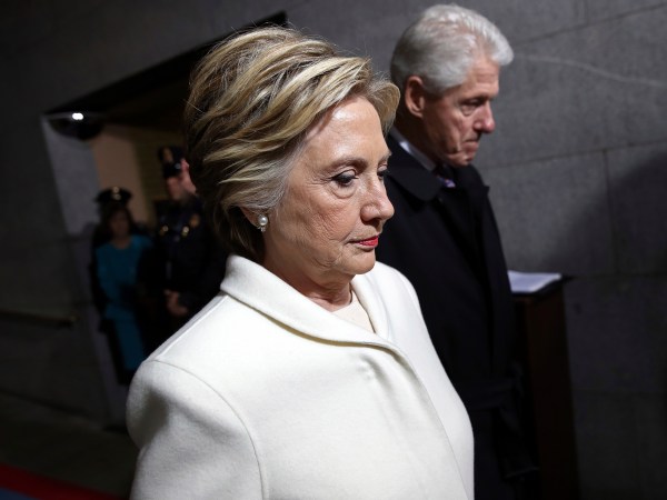 WASHINGTON, DC - JANUARY 20:  Former Democratic presidential nominee Hillary Clinton (L) and former President Bill Clinton arrive on the West Front of the U.S. Capitol on January 20, 2017 in Washington, DC. In today's inauguration ceremony Donald J. Trump becomes the 45th president of the United States.  (Photo by Win McNamee/Getty Images)
