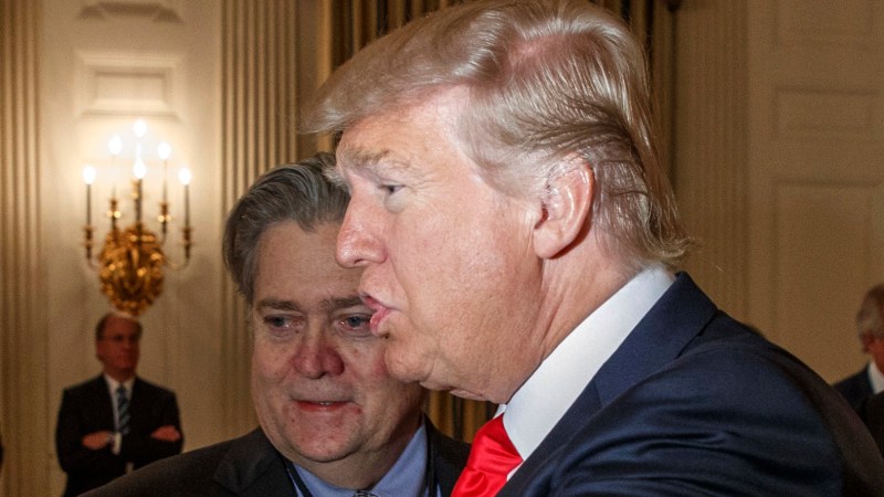 President Donald Trump talks with Cleveland Clinic President and CEO Toby Cosgrove during a meeting with business leaders in the State Dining Room of the White House in Washington, Friday, Feb. 3, 2017, in Washington. From left are, Cosgrove, White House chief strategist Steve Bannon, Trump, and Tesla and SpaceX CEO Elon Musk. (AP Photo/Evan Vucci)