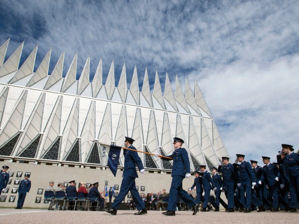 Air Force Academy Cadets pass in review after Brig. Gen. Kristin Goodwin assumed command of the AFA cadet wing at a ceremony at the Air Force Academy in Colorado Springs, Colo. Monday, May 15, 2017. AP PHOTO/THE GAZETTE/MARK REIS