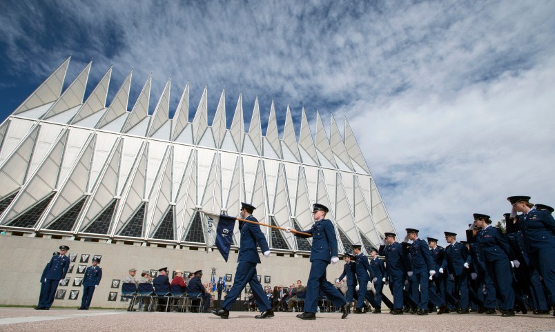 Air Force Academy Cadets pass in review after Brig. Gen. Kristin Goodwin assumed command of the AFA cadet wing at a ceremony at the Air Force Academy in Colorado Springs, Colo. Monday, May 15, 2017. AP PHOTO/THE GAZETTE/MARK REIS