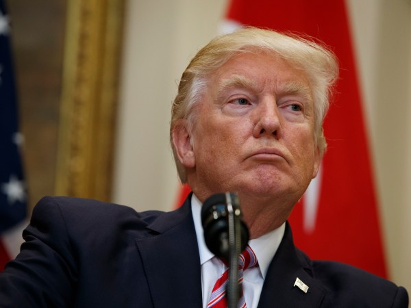 President Donald Trump listens as Turkish President Recep Tayyip Erdogan speaks in the Roosevelt Room of the White House, Tuesday, May 16, 2017, in Washington. (AP Photo/Evan Vucci)
