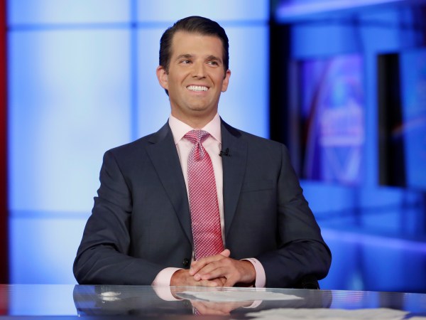 Donald Trump Jr. is interviewed by host Sean Hannity on his Fox News Channel television program, in New York Tuesday, July 11, 2017.  (AP Photo/Richard Drew)