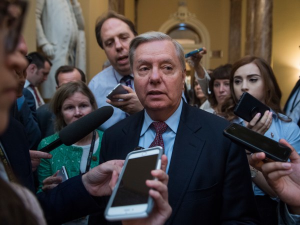 UNITED STATES - AUGUST 01: Sen. Lindsey Graham, R-S.C., talks with reporters before the Senate Policy luncheons in the Capitol on August 1, 2017. (Photo By Tom Williams/CQ Roll Call)