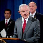 Attorney General Jeff Sessions, accompanied by, from left, National Counterintelligence and Security Center Director William Evanina, Director of National Intelligence Dan Coats, speaks during a briefing at the Justice Department in Washington, Friday, Aug. 4, 2017, on leaks of classified material threatening national security, one week after President Donald Trump complained that Sessions was weak on preventing such disclosures. (AP Andrew Harnik)
