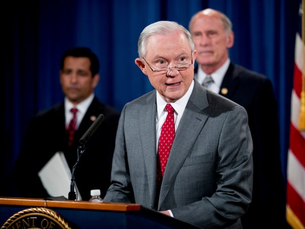 Attorney General Jeff Sessions, accompanied by, from left, National Counterintelligence and Security Center Director William Evanina, Director of National Intelligence Dan Coats, speaks during a briefing at the Justice Department in Washington, Friday, Aug. 4, 2017, on leaks of classified material threatening national security, one week after President Donald Trump complained that Sessions was weak on preventing such disclosures. (AP Andrew Harnik)