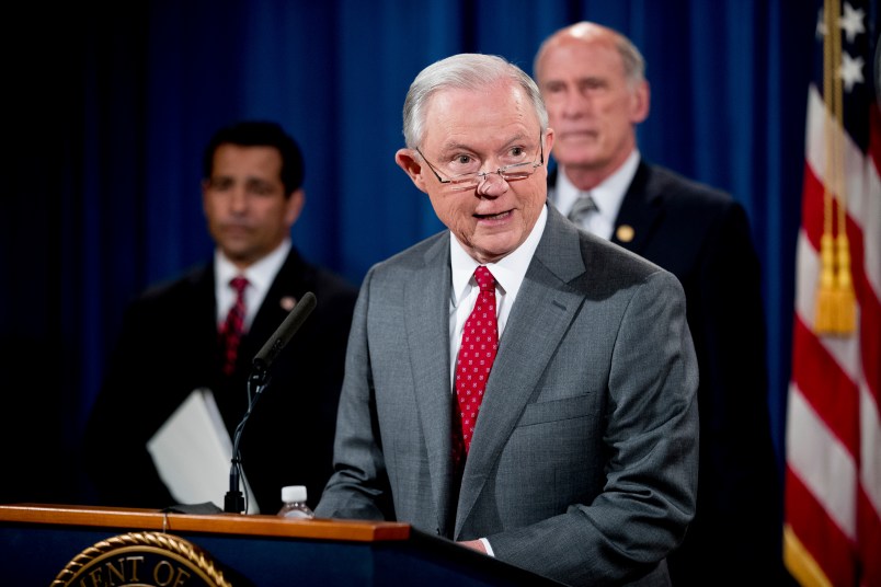 Attorney General Jeff Sessions, accompanied by, from left, National Counterintelligence and Security Center Director William Evanina, Director of National Intelligence Dan Coats, speaks during a briefing at the Justice Department in Washington, Friday, Aug. 4, 2017, on leaks of classified material threatening national security, one week after President Donald Trump complained that Sessions was weak on preventing such disclosures. (AP Andrew Harnik)
