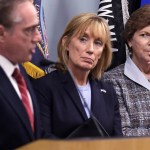 U.S. Sen. Jeanne Shaheen, D-N.H., right, and U.S. Sen. Maggie Hassan, D-N.H., center, listen to Secretary of Veterans Affairs David J. Shulkin, left, during a visit to the Veterans Administration Medical Center in, Manchester, N.H., Friday, Aug. 4, 2017. Shulkin earlier met privately with doctors at the center, who have alleged substandard care at New Hampshire's only hospital for veterans. (AP Photo/Charles Krupa)