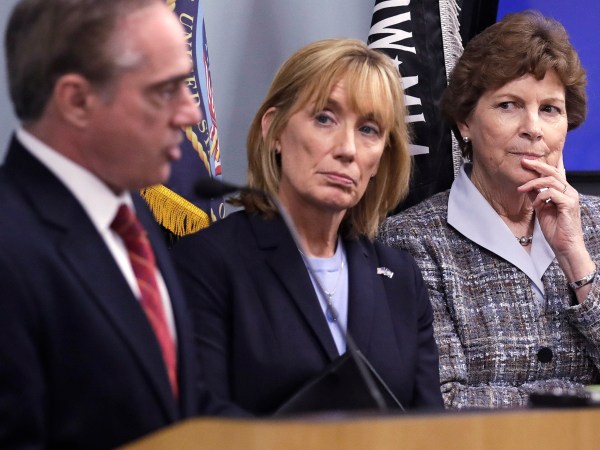 U.S. Sen. Jeanne Shaheen, D-N.H., right, and U.S. Sen. Maggie Hassan, D-N.H., center, listen to Secretary of Veterans Affairs David J. Shulkin, left, during a visit to the Veterans Administration Medical Center in, Manchester, N.H., Friday, Aug. 4, 2017. Shulkin earlier met privately with doctors at the center, who have alleged substandard care at New Hampshire's only hospital for veterans. (AP Photo/Charles Krupa)