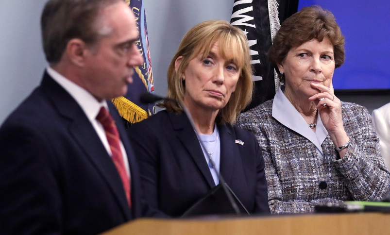 U.S. Sen. Jeanne Shaheen, D-N.H., right, and U.S. Sen. Maggie Hassan, D-N.H., center, listen to Secretary of Veterans Affairs David J. Shulkin, left, during a visit to the Veterans Administration Medical Center in, Manchester, N.H., Friday, Aug. 4, 2017. Shulkin earlier met privately with doctors at the center, who have alleged substandard care at New Hampshire's only hospital for veterans. (AP Photo/Charles Krupa)