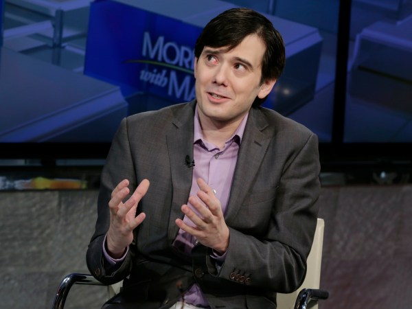 Martin Shkreli is interviewed by Maria Bartiromo during her "Mornings with Maria Bartiromo" program on the Fox Business Network, in New York, Tuesday, Aug. 15, 2017. (AP Photo/Richard Drew)