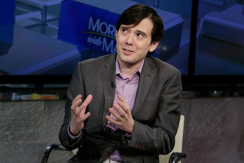 Martin Shkreli is interviewed by Maria Bartiromo during her "Mornings with Maria Bartiromo" program on the Fox Business Network, in New York, Tuesday, Aug. 15, 2017. (AP Photo/Richard Drew)