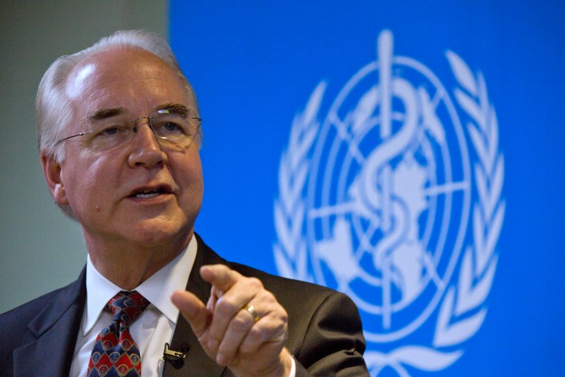 U.S. Health and Human Services Secretary Tom Price speaks during an event titled "The Next Pandemic" at the World Health Organization office in Beijing, China, Monday, Aug. 21, 2017.  Price says China has been an "incredible partner" in cracking down on synthetic opioids seen as fueling fast-rising overdose deaths in the United States(AP Photo/Ng Han Guan)