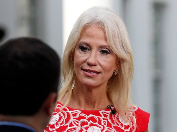 Counselor to the President Kellyanne Conway speaks during a television interview in front of the West Wing of the White House, Thursday, Aug. 31, 2017, in Washington. (AP Photo/Alex Brandon)