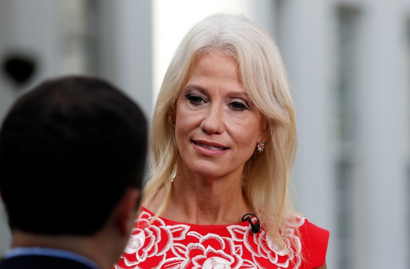 Counselor to the President Kellyanne Conway speaks during a television interview in front of the West Wing of the White House, Thursday, Aug. 31, 2017, in Washington. (AP Photo/Alex Brandon)
