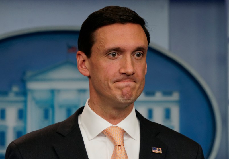 Homeland Security Adviser Tom Bossert pauses as he speaks during a news briefing at the White House, in Washington, Thursday, Aug. 31, 2017. (AP Photo/Carolyn Kaster)