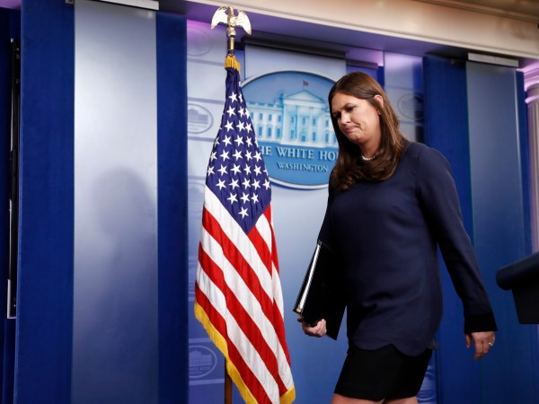 White House press secretary Sarah Huckabee Sanders departs after a press briefing at the White House, Friday, Sept. 1, 2017, in Washington. (AP Photo/Alex Brandon)