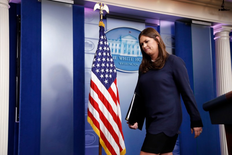 White House press secretary Sarah Huckabee Sanders departs after a press briefing at the White House, Friday, Sept. 1, 2017, in Washington. (AP Photo/Alex Brandon)