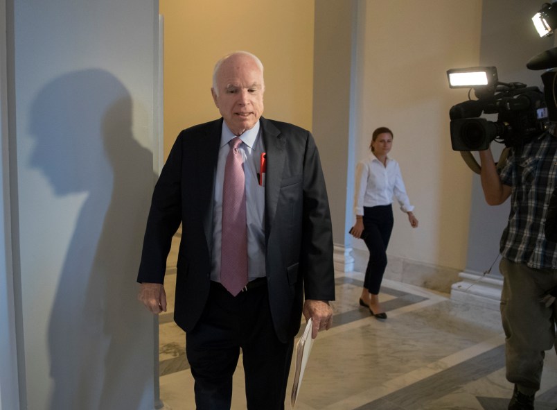 Sen. John McCain, R-Ariz., walks from his Senate office as Congress returns from the August recess to face work on immigration, the debt limit, funding the government, and help for victims of Hurricane Harvey, in Washington, Tuesday, Sept. 5, 2017.  Earlier, McCain declared President Donald Trump’s decision to phase out an Obama administration program that has protected hundreds of thousands of young immigrants “the wrong approach” at a time when Republicans and Democrats need to work together.  (AP Photo/J. Scott Applewhite)