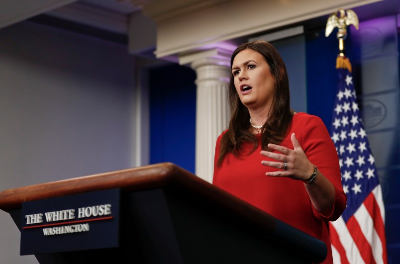 White House press secretary White House press secretary Sarah Huckabee Sanders speaks during the daily news briefing at the White House, in Washington, Tuesday, Sept. 5, 2017. Huckabee Sanders discussed the Deferred Action for Childhood Arrivals, or DACA, and other topics. (AP Photo/Carolyn Kaster)