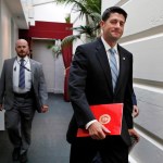 House Speaker Paul Ryan of Wisconsin, right, arrives for a meeting with House Republicans, Wednesday, Sept. 6, 2017, on Capitol Hill in Washington. (AP Photo/Jacquelyn Martin)