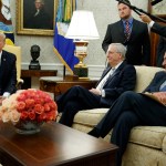 Senate Majority Leader Mitch McConnell, R-Ky., center, and Senate Minority Leader Chuck Schumer, D-N.Y., right, listen as President Donald Trump speaks during a meeting with Congressional leaders in the Oval Office of the White House, Wednesday, Sept. 6, 2017, in Washington. (AP Photo/Evan Vucci)