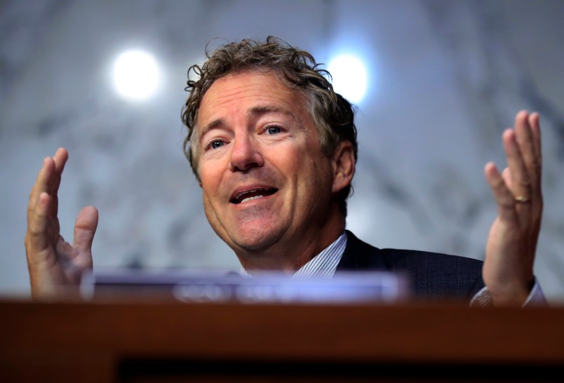 Senate Health, Education, Labor, and Pensions Committee member Sen. Rand Paul, R-Ky., questions state insurance commissioners during a hearing on the individual health insurance market for 2018 on Capitol Hill in Washington, Wednesday, Sept. 6, 2017.   (AP Photo/Manuel Balce Ceneta)