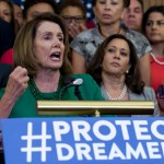 House Minority Leader Nancy Pelosi of Calif. accompanied by members of the House and Senate Democrats, gestures during a news conference on Capitol Hill in Washington, Wednesday, Sept. 6, 2017. House and Senate Democrats gather to call for Congressional Republicans to stand up to President Trump's decision to terminate the Deferred Action for Childhood Arrivals (DACA) initiative by bringing the DREAM Act for a vote on the House and Senate Floor. ( AP Photo/Jose Luis Magana)