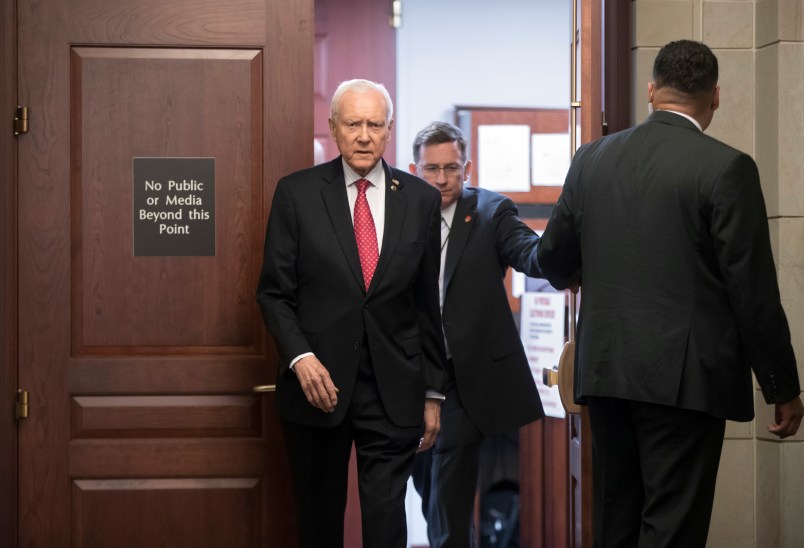 Sen. Orrin Hatch, R-Utah, president pro tempore of the Senate, arrives in a secure area as Donald Trump Jr., is interviewed behind closed doors by Senate Judiciary Committee staff investigating the meddling and possible Russian links to President Donald Trump's 2016 presidential campaign, at the Capitol in Washington, Thursday, Sept. 7, 2017. Sen. Hatch is a senior member of the Judiciary Committee. Trump Jr. released a series of emails in July that detailed preparations for a June 2016 meeting with a Russian lawyer and others where he was expecting to get damaging information about Democratic candidate Hillary Clinton.   (AP Photo/J. Scott Applewhite)