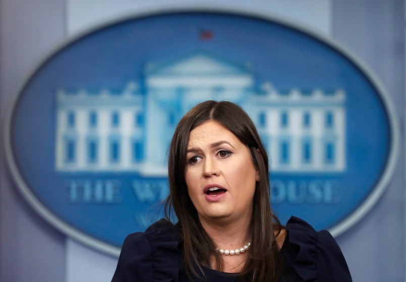 White House press secretary Sarah Huckabee Sanders speaks during the daily news briefing at the White House, in Washington, Friday, Sept. 8, 2017. Huckabee Sanders discussed Hurricane Irma and other topics. (AP Photo/Carolyn Kaster)