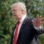 President Donald Trump waves and begins to walk away after stopping to answers questions on at South Lawn of the White House in Washington, Sunday, Sept. 10, 2017. Trump commented on the response to Hurricane Irma which he called "some big monster," and praised both FEMA and the Coast Guard for their efforts as the storm made landfall. (AP Photo/Pablo Martinez Monsivais)