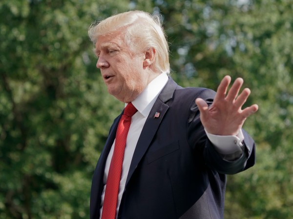 President Donald Trump waves and begins to walk away after stopping to answers questions on at South Lawn of the White House in Washington, Sunday, Sept. 10, 2017. Trump commented on the response to Hurricane Irma which he called "some big monster," and praised both FEMA and the Coast Guard for their efforts as the storm made landfall. (AP Photo/Pablo Martinez Monsivais)