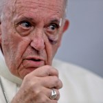 Pope Francis talks to journalists during a press conference he held on board the flight to Rome, at the end of a five-day visit to Colombia, Monday, Sept. 11, 2017. (AP Photo/Andrew Medichini)