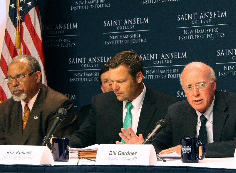 New Hampshire Secretary of State Bill Gardner, right, introduces one of the speakers at a meeting of the Presidential Advisory Commission on Election Integrity on Tuesday, Sept. 12, 2017 in Manchester, NH. Kansas Secretary of State Kris Kobach, center, and former Ohio Secretary of State Ken Blackwell, left, also attend. Gardner opened the meeting by defending his participation and the panel’s existence, saying it hasn’t yet reached any conclusion. (AP Photo/Holly Ramer)
