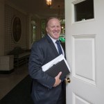 Sean Spicer, President Donald Trump's oft-beleaguered press secretary, stands in the doorway to the Palm Room at the White House in Washington during renovations to the West Wing, Friday, Aug. 11, 2017.   (AP Photo/J. Scott Applewhite)