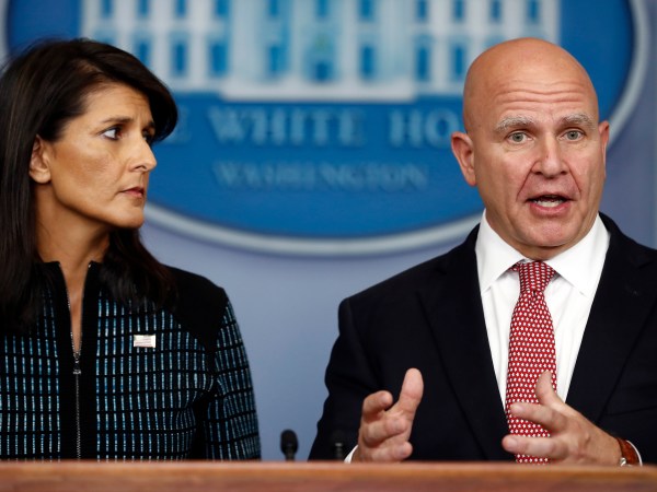 National security adviser H.R. McMaster, right, and U.S. Ambassador to the UN, former South Carolina Gov. Nikki Haley, participate in  a news briefing at the White House, in Washington, Friday, Sept. 15, 2017. (AP Photo/Carolyn Kaster)