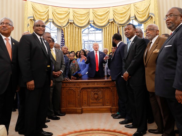 President Donald Trump meets with leaders of Historically Black Colleges and Universities (HBCU) in the Oval Office of the White House in Washington, Monday, Feb. 27, 2017. (AP Photo/Pablo Martinez Monsivais)